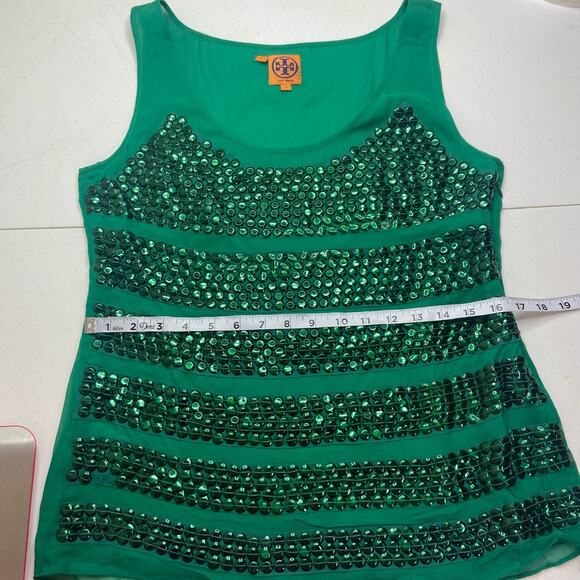 Tory Burch Kelly Green Sequin Striped Silk Tank Top Women's 8 Chic Sophisticated - Picture 8 of 11